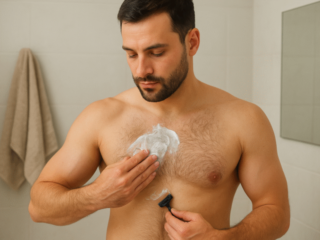 Homem barbado aplicando espuma de depilação ou creme no peito com a mão, segurando uma lâmina ou navalha para a depilação masculina.