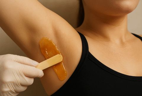 Close-up de uma axila feminina sendo depilada com cera de mel aplicada com uma espátula de madeira por uma profissional usando luva de proteção.