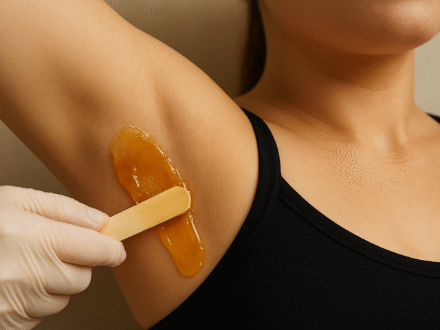 Close-up de uma axila feminina sendo depilada com cera de mel aplicada com uma espátula de madeira por uma profissional usando luva de proteção.
