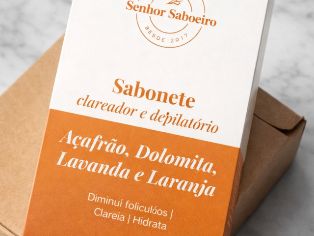 Sabonete clareador e depilatório Senhor Saboeiro com açafrão, dolomita, lavanda e laranja